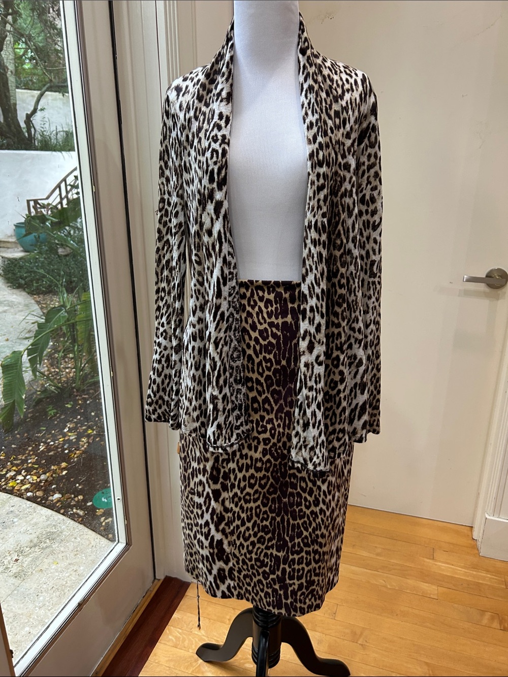 Elie Tahari Leopard-Print Pencil Skirt in Brown and Black with matching Cardigan